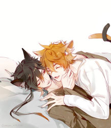 Rule 34 | 2boys, animal ears, artist name, black hair, black sweater, cat ears, cat tail, cuddling, ear piercing, closed eyes, fang, gem, genshin impact, hand on head, hand on shoulder, highres, intertwined tails, jewelry, lying, messy hair, multicolored hair, multiple boys, on back, on bed, one eye closed, orange hair, headpat, piercing, rokuon, short hair, simple background, smile, sweater, tail, tartaglia (genshin impact), white background, white sweater, zhongli (genshin impact)