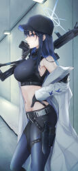 Rule 34 | 1girl, armpits, baseball cap, black gloves, blue archive, blue hair, breasts, chest harness, coat, coat partially removed, cropped shirt, from side, gloves, gun, halo, hand on own hip, harness, hat, highres, holding, holding gun, holding weapon, holster, knife, large breasts, looking ahead, magazine (weapon), navel, saori (blue archive), shirt, sleeveless, sleeveless shirt, solo, stomach, straight hair, thigh holster, weapon, white coat, yoru0409