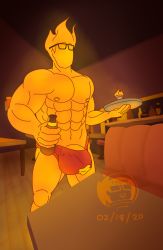 Rule 34 | absurdres, alcohol, bartender, beer, booth seating, diner, fire, fire body, glasses, grillby, highres, holding, holding tray, hot, male focus, muscular, muscular male, nipples, precum, tagme, thong, tray, undertale