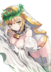 Rule 34 | 10s, 1girl, :&lt;, ahoge, artist name, bare shoulders, belt, belt buckle, belt skirt, blonde hair, bow, breast press, breasts, bridal veil, buckle, chain, chain necklace, cleavage, clenched hand, closed mouth, detached collar, detached sleeves, dutch angle, elbow gloves, embarrassed, fate/extra, fate/extra ccc, fate (series), gloves, green eyes, green hair, hair between eyes, hair bow, hand up, head wreath, heart, heart print, highleg, highleg leotard, jewelry, legs together, leotard, lock, looking at viewer, lying, medium breasts, meto31, necklace, nero claudius (bride) (fate), nero claudius (bride) (third ascension) (fate), nero claudius (fate), nero claudius (fate) (all), on side, padlock, puffy detached sleeves, puffy sleeves, raised eyebrows, ribbon trim, short hair with long locks, showgirl skirt, sideboob, sidelocks, signature, simple background, skirt, solo, strapless, strapless leotard, thigh strap, thighhighs, turtleneck, veil, white background, white bow, white gloves, white leotard, white skirt, white thighhighs, wide sleeves, zipper