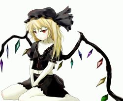 Rule 34 | 1girl, alternate color, bad id, bad pixiv id, blonde hair, crystal, female focus, flandre scarlet, hat, hat ribbon, pale skin, puffy sleeves, red eyes, ribbon, shiina shian, short sleeves, solo, touhou, white background, wings