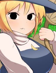 Rule 34 | 1girl, black eyes, black hat, black vest, blonde hair, blush, breasts, broom, closed mouth, cookie (touhou), crescent, crescent pin, gogogo (cookie), hat, highres, holding, holding broom, kirisame marisa, large breasts, long sleeves, looking at viewer, madore, shirt, short hair, solo, touhou, turtleneck, upper body, vest, wavy mouth, white shirt, witch hat