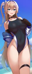 Rule 34 | 1girl, :d, bare shoulders, black choker, black gloves, black one-piece swimsuit, blonde hair, blue eyes, blue sky, breasts, choker, collarbone, competition swimsuit, cowboy shot, day, elbow gloves, fang, gloves, gluteal fold, groin, hair ornament, hand on breast, highleg, highleg swimsuit, highres, jacket, large breasts, long hair, long sleeves, looking at viewer, mole, mole on thigh, off shoulder, one-piece swimsuit, one side up, open clothes, open jacket, open mouth, original, outdoors, skindentation, sky, smile, solo, sukebewe, swimsuit, thigh gap, thigh strap, thighs, very long hair, white jacket