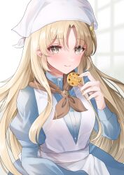 Rule 34 | 1girl, apron, blonde hair, blue dress, brown eyes, brown neckerchief, buttons, closed mouth, commentary request, cookie, dress, food, head scarf, highres, holding, holding cookie, holding food, juliet sleeves, kurage cc, light blush, light brown hair, long hair, long sleeves, looking at viewer, neckerchief, nijisanji, official alternate costume, parted bangs, puffy sleeves, sister claire, smile, solo, straight hair, upper body, virtual youtuber, white apron