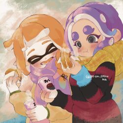 Rule 34 | 20cm snow, 2girls, :t, blush, blush stickers, braid, can, closed eyes, commentary request, drink can, eating, fangs, food, highres, holding, holding can, holding food, huge eyebrows, imagawayaki, inkling, inkling girl, inkling player character, long hair, long sleeves, lower teeth only, multiple girls, nintendo, octoling, octoling girl, octoling player character, open mouth, orange hair, plaid, plaid scarf, purple hair, purple scarf, scarf, single braid, splatoon (series), splatoon 3, steam, striped clothes, striped sweater, suction cups, sweater, teeth, tentacle hair, twitter username, upper body, yellow scarf, yellow sweater
