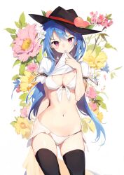 Rule 34 | 1girl, absurdres, arm garter, bikini, black thighhighs, blue hair, blush, breasts, cleavage, clothes lift, cowboy shot, floral background, flower, food, fruit, groin, hat, head tilt, highres, hinanawi tenshi, leaf, lifting own clothes, long hair, looking at viewer, medium breasts, mouth hold, navel, peach, red eyes, revision, shirt lift, short sleeves, side-tie bikini bottom, skirt, unworn skirt, solo, standing, stomach, swimsuit, tetsurou (fe+), thighhighs, touhou, underwear, white bikini