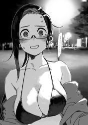 Rule 34 | ..., 1girl, :d, absurdres, asymmetrical hair, bikini, bikini under clothes, blush, breasts, cleavage, collarbone, demi-chan wa kataritai, exhibitionism, greyscale, highres, jacket, jacket partially removed, large breasts, monochrome, open clothes, open jacket, open mouth, outdoors, petosu (sunoco), public indecency, ringed eyes, satou sakie, smile, solo, speech bubble, spoken ellipsis, sweatdrop, swimsuit, upper body