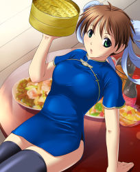 Rule 34 | 1girl, alcohol, bamboo steamer, black thighhighs, blue dress, bowl, brown hair, bun cover, cherry, china dress, chinese clothes, cup, digdug006, double bun, dress, drink, drinking glass, food, from side, fruit, fruit bowl, grapes, green eyes, hair bun, hands up, holding, indoors, kanamori reiko, liquor, looking at viewer, open mouth, orange (fruit), rice, short dress, short sleeves, side slit, sitting, solo, thighhighs, thighs, tight clothes, vegetable, waitress, wooden floor, wrestle angels, wrestle angels survivor