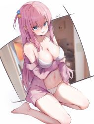 Rule 34 | 1girl, @ @, absurdres, bare legs, bare shoulders, barefoot, bikini, blue eyes, blurry, blurry background, blush, bocchi the rock!, breasts, cameltoe, chris preston, cleavage, cleft of venus, collarbone, commentary, cube hair ornament, feet, from above, gotoh hitori, hair between eyes, hair ornament, highres, jacket, large breasts, legs, long hair, looking at viewer, navel, one side up, open clothes, open jacket, open mouth, pink hair, pink jacket, revision, signature, sitting, solo, stomach, swimsuit, thighs, toes, very long hair, white background, white bikini