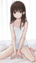 Rule 34 | 1girl, akipeko, black hair, blush, brown eyes, camisole, collarbone, curtains, female focus, highres, long hair, looking at viewer, on bed, original, paid reward available, panties, parted lips, sitting, solo, underwear, v arms, wariza, white panties