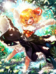 Rule 34 | 1girl, arms up, ascot, black skirt, black vest, blonde hair, bloomers, blurry, bush, clothes lift, dappled sunlight, day, depth of field, diffraction spikes, flower, glint, hair between eyes, hair ribbon, head tilt, leaning, long sleeves, looking at viewer, misaki (kyal 001), open mouth, orange eyes, outdoors, outstretched arms, petals, red ascot, ribbon, rumia, shirt, short hair, skirt, skirt lift, sleeves past wrists, solo, spread arms, standing, standing on one leg, stream, sun, sunlight, teeth, touhou, tree, underwear, upper teeth only, vest, wading, white shirt