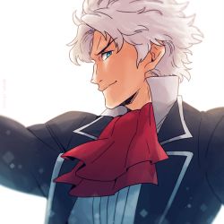 Rule 34 | 10s, 1boy, aqua eyes, arms up, classicaloid, close-up, ascot, dramatica, jacket, looking at viewer, ludwig van beethoven (classicaloid), male focus, silver hair, smile, solo, upper body