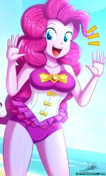 Rule 34 | 1girl, blue eyes, breasts, day, highres, long hair, looking at viewer, medium breasts, my little pony, my little pony: equestria girls, my little pony: friendship is magic, one-piece swimsuit, open mouth, pink hair, pink one-piece swimsuit, pinkie pie, signature, smile, solo, swimsuit, the-butch-x, the-butcher-x