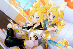 Rule 34 | 1boy, 1girl, blonde hair, blue eyes, bow, brother and sister, company name, copyright notice, crypton future media, detached sleeves, hair bow, hair ornament, hairclip, hand on another&#039;s head, headphones, headset, highres, kagamine len, kagamine rin, leg warmers, piapro, poster (object), sailor collar, sawashi (ur-sawasi), short hair, shorts, siblings, treble clef, twins, vocaloid