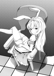 Rule 34 | 1girl, absurdres, armchair, blush, book, chair, closed mouth, commentary request, crossed legs, dress, frilled dress, frills, greyscale, hair between eyes, hair ribbon, hairband, halftone, highres, holding, holding book, long hair, looking at viewer, looking to the side, monochrome, original, puffy short sleeves, puffy sleeves, ribbon, shadow, short sleeves, siroimo0828, sitting, smile, solo, tile floor, tiles, very long hair