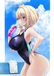 Rule 34 | 1girl, ahoge, black one-piece swimsuit, blonde hair, blue eyes, blue sky, bottle, breasts, cloud, commentary request, competition swimsuit, covered navel, cowboy shot, day, hand on own hip, highleg, highleg swimsuit, impossible clothes, impossible swimsuit, karune, large breasts, leaning forward, one-piece swimsuit, original, short hair, sky, solo, swimsuit, towel, water bottle, white towel