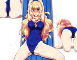 Rule 34 | 1girl, armpits, arms up, ass, bent over, blonde hair, blue eyes, blush, clenched teeth, covered navel, crotch, hairu, long hair, lying, macross, macross frontier, multiple views, navel, on back, one-piece swimsuit, sheryl nome, spread legs, swimsuit, teeth, water