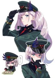 Rule 34 | 1girl, absurdres, braid, braided bangs, feather hair ornament, feathers, gloves, hair ornament, hat, highres, hololive, hololive indonesia, long hair, military, military hat, military uniform, papers please, pavolia reine, peaked cap, silver hair, stamp mark, uniform, virtual youtuber, yomosaka