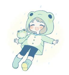 Rule 34 | 1girl, :d, animal hood, animal on arm, ayu (mog), bike shorts, blush, boots, commentary, closed eyes, frog, frog hood, green footwear, hood, hood up, long sleeves, open mouth, original, rain, raincoat, rubber boots, signature, smile, solo, symbol-only commentary