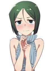 Rule 34 | 1boy, blush, commentary request, dark green hair, fate/zero, fate (series), furrowed brow, green eyes, green hair, hair between eyes, hands up, looking at viewer, male focus, meme attire, short hair, sleeveless, solo, tagme, tearing up, trap, virgin killer sweater, waver velvet