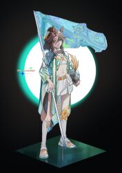 Rule 34 | 1girl, absurdres, alternate costume, animal ears, belt, boots, breasts, brown hair, cape, closed mouth, commentary request, crop top, cropped jacket, english text, flag, full body, fuyukayui, green eyes, helm, helmet, highres, holding, holding flag, holding helmet, horse ears, horse girl, horse tail, iridescent, ascot, knee pads, long sleeves, looking at viewer, medium hair, mejiro palmer (umamusume), midriff, multicolored hair, navel, parted bangs, ponytail, shirt, shorts, single knee pad, small breasts, solo, standing, streaked hair, tail, umamusume, white footwear, white shirt, white shorts
