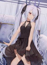 Rule 34 | 1girl, alternate costume, black dress, blue archive, blush, breasts, cleavage, collarbone, dark-skinned female, dark skin, dress, feet out of frame, grey hair, hair over one eye, halo, highres, indoors, iori (blue archive), long hair, open mouth, piisu, pointy ears, purple halo, red eyes, small breasts, solo, twintails, very long hair