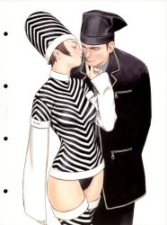 Rule 34 | black hat, black panties, blouse, clothes writing, cowboy shot, finger to another&#039;s mouth, futurhythm, hat, highres, layered sleeves, long sleeves, murata range, no pants, panties, shirt, short hair, short over long sleeves, short sleeves, sideburns, simple background, striped clothes, striped headwear, striped shirt, striped thighhighs, tagme, thighhighs, underwear, white background
