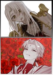 Rule 34 | 2boys, absurdres, ascot, blood, blood on face, blush, character request, chinese commentary, closed mouth, commentary request, crying, crying with eyes open, flower, highres, jacket, kyoko (akakikyoko), long hair, male focus, multiple boys, pale skin, parted bangs, red eyes, red flower, red rose, rose, shirt, short hair, smile, tears, wangzhe rongyao, white ascot, white hair, white jacket, white shirt, yellow eyes