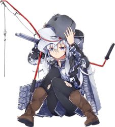 Rule 34 | 10s, 1girl, alternate costume, black pantyhose, blue eyes, boots, brown footwear, camouflage, earmuffs, frown, full body, hair between eyes, hammer and sickle, hat, hibiki (kancolle), kantai collection, long hair, long sleeves, lowres, object on head, official art, pantyhose, silver hair, solo, torn clothes, torn pantyhose, transparent background, verniy (kancolle), white background, white hat, yadokari (migihashi)