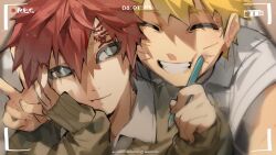 Rule 34 | 2boys, absurdres, battery indicator, blonde hair, blue eyes, closed eyes, closed mouth, collared shirt, commentary, english commentary, facial mark, facial tattoo, fingernails, gaara (naruto), highres, holding, holding pencil, long sleeves, male focus, monosucre, multiple boys, naruto, naruto (series), pencil, red hair, shirt, short hair, smile, tattoo, teeth, uzumaki naruto, v, viewfinder, whisker markings