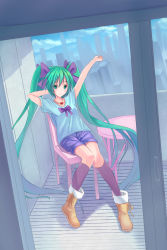 Rule 34 | 1girl, absurdres, arm up, bad id, bad pixiv id, boots, catsmoon, chair, cityscape, dutch angle, full body, green eyes, green hair, hair ribbon, hatsune miku, heart, highres, jewelry, kneehighs, long hair, matching hair/eyes, necklace, ribbon, shorts, sitting, socks, solo, twintails, very long hair, vocaloid