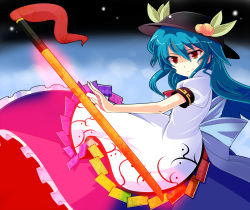 Rule 34 | 1girl, alphes (style), bad id, bad pixiv id, blue hair, dress, female focus, food, fruit, hat, hinanawi tenshi, long hair, parody, peach, red eyes, sadomochi, solo, style parody, sword, sword of hisou, tonoro, touhou, weapon