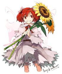 Rule 34 | 1girl, bad id, bad twitter id, bloomers, dress, fairy wings, flower, grin, hair flower, hair ornament, hichiko, red eyes, red hair, ribbon, short hair, smile, solo, sunflower fairy (touhou), touhou, twintails, underwear, wings