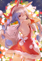 Rule 34 | 1girl, absurdres, animal ear fluff, animal ears, arms up, bare back, bare shoulders, blue hair, braid, breasts, carrot, carrot hair ornament, christmas, christmas tree, commentary request, dress, eyebrows, food-themed hair ornament, from behind, fur-trimmed dress, fur scarf, fur trim, furuki ayaginutaira, hair ornament, hat, highres, hololive, long hair, looking back, multicolored hair, one eye closed, rabbit ears, rabbit girl, rabbit tail, red dress, red eyes, red hat, sack, santa hat, short dress, small breasts, smile, solo, strapless, strapless dress, tail, thick eyebrows, twin braids, twintails, two-tone hair, usada pekora, usada pekora (1st costume), virtual youtuber, white hair