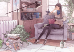 Rule 34 | 1girl, armchair, black pantyhose, window blinds, blue eyes, blunt bangs, book, book stack, bookshelf, boombox, bottle, brown hair, cabinet, cat, chair, cross-laced footwear, cup, cushion, earrings, fringe trim, hand on own cheek, hand on own face, holding, holding cup, indoors, jewelry, kujyoo, lamp, layered clothes, long hair, long sleeves, looking away, looking to the side, mug, original, pantyhose, plant, plate, poster (object), potted plant, profile, radiator, rug, shoes, sitting, skinny, smile, solo, striped, sweater, table, tile floor, tiles, tree, turtleneck, window