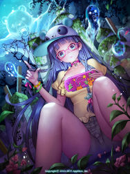 Rule 34 | 1girl, 2010, 2015, :3, animal hat, baseball cap, bear, blue eyes, braid, closed mouth, collar, company name, dutch angle, english text, flower, frown, furyou michi ~gang road~, ghost, glasses, grave, handheld game console, hat, highres, holding, leaf, long hair, night, open mouth, osuk2, outstretched arms, playstation portable, puffy short sleeves, puffy sleeves, purple hair, red-framed eyewear, shirt, short sleeves, shorts, sitting, spirits, tree, twin braids, very long hair, watermark, yellow shirt