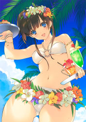 Rule 34 | 1girl, :d, arm up, armlet, bad id, bad pixiv id, beach, bikini, blue eyes, blush, bracelet, breasts, brown hair, cloud, cowboy shot, crotch, day, drink, fingernails, flower, food, from below, glass, hair flower, hair ornament, halterneck, happy, head wreath, hibiscus, holding, ice cream, ishikawa mami, jewelry, looking at viewer, looking down, medium breasts, mole, mole under eye, navel, o-ring, o-ring bikini, o-ring top, open mouth, original, outdoors, seashell, shell, short hair, sky, smile, solo, swimsuit, thigh gap, thighs, tray, underboob, wet, white bikini