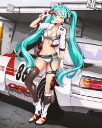 Rule 34 | 1girl, :p, absurdres, aqua eyes, aqua hair, bandaid, bandaid on face, bandaid on nose, belt, bikini, black socks, blurry, blurry background, boots, breasts, car, front-tie bikini top, front-tie top, funkygarage, gloves, hatsune miku, headphones, highres, kneehighs, long hair, medium breasts, motor vehicle, navel, one eye closed, race queen, race vehicle, racecar, side-tie bikini bottom, single kneehigh, single sock, single thighhigh, socks, solo, string bikini, swimsuit, thigh strap, thighhighs, tongue, tongue out, toyota, toyota sprinter trueno, twintails, v, very long hair, vocaloid, white bikini, white gloves, wrench