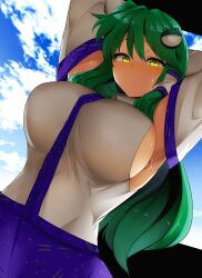 Rule 34 | 1girl, :/, absurdres, armpits, arms behind head, arms up, backlighting, blush, breasts, cloud, commentary, day, dutch angle, expressionless, frog hair ornament, green hair, hair ornament, hair tubes, highres, huge breasts, kochiya sanae, long hair, looking at viewer, mizuga, outdoors, sideboob, solo, sweat, symbol-only commentary, touhou, upper body, very long hair, yellow eyes