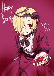 Rule 34 | 1girl, blonde hair, blood, blood from mouth, blood on clothes, blood on hands, brooch, crown of thorns, dated, dokuromaru, dress, earrings, flower, hair flower, hair ornament, happy birthday, highres, idolmaster, idolmaster cinderella girls, jewelry, looking at viewer, parted lips, plant, red dress, red eyes, red nails, shirasaka koume, short hair, smile, solo, thorns, vines
