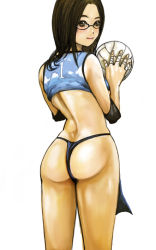 Rule 34 | 1girl, ass, back, ball, blush, brown eyes, brown hair, glasses, kazaana, loincloth, original, simple background, solo, volleyball, volleyball (object), white background
