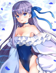 Rule 34 | 1girl, :d, bare shoulders, blue bow, blue choker, blue eyes, blue one-piece swimsuit, blush, bow, breasts, choker, cleavage, collarbone, commentary request, covered navel, fate/grand order, fate (series), frilled swimsuit, frills, groin, hair between eyes, hair bow, hand on own hip, highleg, highleg swimsuit, highres, long hair, long sleeves, medium breasts, meltryllis, meltryllis (fate), meltryllis (swimsuit lancer) (fate), meltryllis (swimsuit lancer) (second ascension) (fate), off-shoulder one-piece swimsuit, one-piece swimsuit, open mouth, petals, pilokey, puffy long sleeves, puffy sleeves, purple eyes, sidelocks, sleeves past fingers, sleeves past wrists, smile, solo, strapless, strapless one-piece swimsuit, swimsuit, very long hair, water