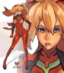 Rule 34 | 1girl, artist request, blue eyes, bodysuit, curvy, full body, hair ornament, hairclip, hand on own hip, lips, neon genesis evangelion, plugsuit, red bodysuit, solo, souryuu asuka langley, standing, wide hips, zoom layer