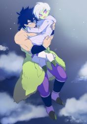 Rule 34 | 1boy, 1girl, bad id, bad pixiv id, biceps, black eyes, black hair, boots, broly (dragon ball super), carrying, cheelai, cloud, coat, colored skin, dragon ball, dragon ball super, dragon ball super broly, flying, green skin, looking at another, midair, muscular, night, night sky, open mouth, pectorals, pelt, purple eyes, scar, topless male, short hair, silver hair, sky, smile, spiked hair, srm burorisuto, white footwear