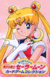 Rule 34 | 1girl, absurdres, bishoujo senshi sailor moon, blonde hair, bow, choker, earrings, gloves, highres, jewelry, magical girl, moon stick, one eye closed, parted bangs, red bow, red choker, retro artstyle, sailor moon, scan, solo, tiara, translation request, tsukino usagi