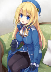 Rule 34 | 10s, 1girl, atago (kancolle), black gloves, blonde hair, blue eyes, blush, breasts, gloves, hat, kantai collection, kurenai hanpen, large breasts, long hair, looking at viewer, pantyhose, personification, sitting, smile, solo