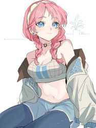 Rule 34 | 1girl, arknights, arm support, bare shoulders, blue eyes, blue poison (arknights), blue poison (shoal beat) (arknights), blue shorts, braid, breasts, choker, cleavage, commentary, cowboy shot, earrings, grey jacket, headband, highres, jacket, jewelry, leggings under shorts, light frown, looking at viewer, medium breasts, official alternate costume, open clothes, open jacket, pink choker, pink hair, pink sports bra, short hair, shorts, side braids, sidelocks, simple background, solo, soramaru 310, sports bra, white background, white headband, white sports bra