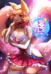 Rule 34 | 1girl, ahri (league of legends), alternate costume, alternate hair color, animal ears, bare shoulders, boots, breasts, cleavage, cowboy shot, familiar, fox ears, fox tail, large breasts, league of legends, long hair, magical girl, purple eyes, skirt, smile, solo, sparkle, star guardian (league of legends), star guardian ahri, tail, thigh boots, thighhighs, tiara