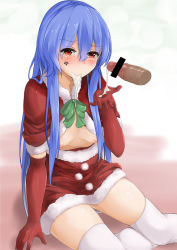 Rule 34 | 1girl, anger vein, bar censor, blue hair, breasts, censored, cum, cum in mouth, disembodied penis, elbow gloves, erection, gloves, highres, hinanawi tenshi, long hair, momo retasu, nipples, no headwear, penis, red eyes, red gloves, santa costume, small breasts, solo focus, tears, thighhighs, touhou, white thighhighs