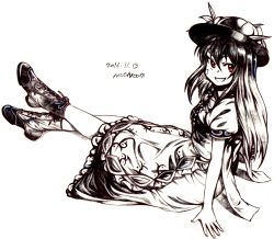 Rule 34 | 1girl, bad id, bad pixiv id, bandaid, bandaid on face, boots, commentary, cross-laced footwear, dated, food, fruit, greyscale, hat, highres, hinanawi tenshi, lace-up boots, long hair, looking at viewer, looking back, monochrome, mushroom (osh320), peach, red eyes, short sleeves, signature, sitting, solo, touhou